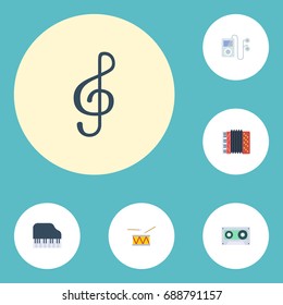 Flat Icons Octave Keyboard, Quaver, Tambourine And Other Vector Elements. Set Of Audio Flat Icons Symbols Also Includes Clef, Cassette, Player Objects.