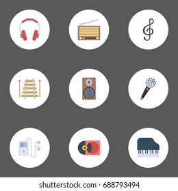 Flat Icons Octave Keyboard, Quaver, Mp3 Player And Other Vector Elements. Set Of Audio Flat Icons Symbols Also Includes Mp3, Xylophone, Audio Objects.