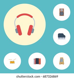 Flat Icons Octave Keyboard, Tambourine, Earphone And Other Vector Elements. Set Of Audio Flat Icons Symbols Also Includes Tambourine, Drum, Box Objects.