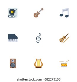 Flat Icons Octave Keyboard, Tone Symbol, Audio Box And Other Vector Elements. Set Of Audio Flat Icons Symbols Also Includes Symbol, Speaker, Guitar Objects.