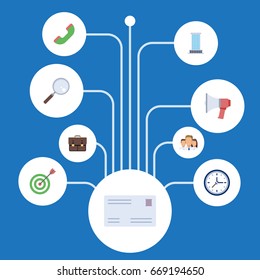 Flat Icons Office, Magnifier, Loudspeaker And Other Vector Elements. Set Of Trade Flat Icons Symbols Also Includes Loupe, Watch, Search Objects.