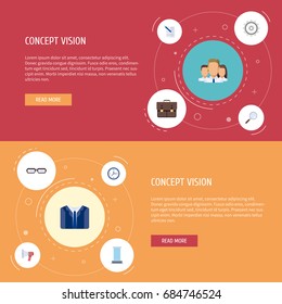 Flat Icons Office, Spectacles, Contract And Other Vector Elements. Set Of Job Flat Icons Symbols Also Includes Contract, Spectacles, Watch Objects.