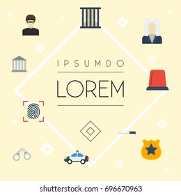 Flat Icons Officer Emblem, Jail, Thumbprint And Other Vector Elements. Set Of Criminal Flat Icons Symbols Also Includes Judge, Lawyer, Bayonet Objects.