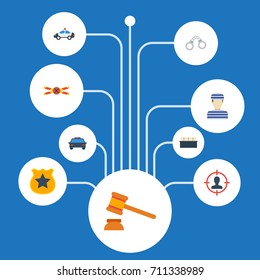 Flat Icons Officer Emblem, Jury, Suspicious And Other Vector Elements. Set Of Crime Flat Icons Symbols Also Includes Lock, Badge, Emblem Objects.