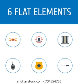 Flat Icons Officer Emblem, Warning Strip, Bayonet And Other Vector Elements. Set Of Criminal Flat Icons Symbols Also Includes Knife, Crime, Bayonet Objects.