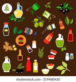 Flat icons of olive fruits, ginger, corn and green pea cans, spicy herbs, olive oil, salt and pepper shakers, vinegar, ketchup, mustard, mayonnaise, tomato sauce bottles