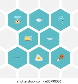 Flat Icons Omelette, Fried Poultry, Electric Stove And Other Vector Elements. Set Of Cooking Flat Icons Symbols Also Includes Blender, Kitchen, Plate Objects.