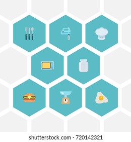 Flat Icons Omelette, Glass Container, Electric Stove And Other Vector Elements. Set Of Food Flat Icons Symbols Also Includes Burger, Chef, Kitchen Objects.