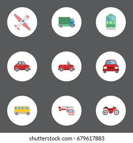 Flat Icons Omnibus, Lorry, Automobile And Other Vector Elements. Set Of Auto Flat Icons Symbols Also Includes Airplane, Train, Bus Objects.
