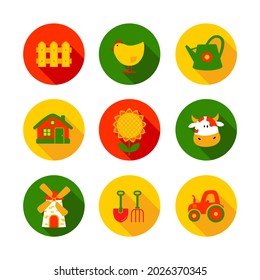 Flat icons on the theme of agriculture. Stock vector illustration.