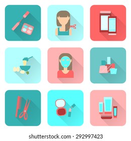 Flat icons on the theme of the care of a woman. Beauty. Beauty salon. Woman making face mask, woman face cream. Elements for infographic. Stock vector.