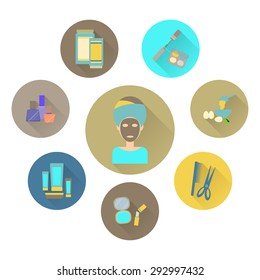Flat icons on the theme of the care of a woman. Beauty. Beauty salon. Woman making face mask, woman face cream. Elements for infographic. Stock vector.