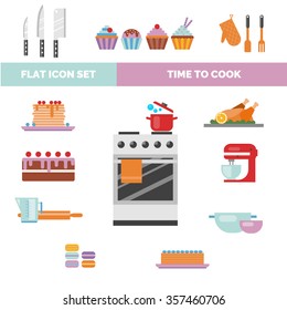 Flat icons on the theme of cooking, kitchen, baking