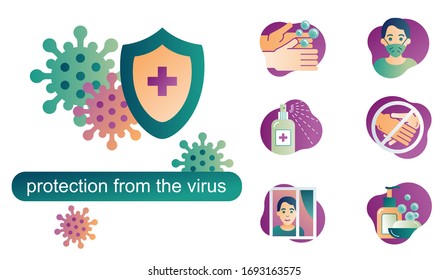 Flat icons on the theme of protection from viruses. Prevention of coronavirus infection. Vector illustration for a brochure with recommendations. Stop the spread of infection on the planet earth