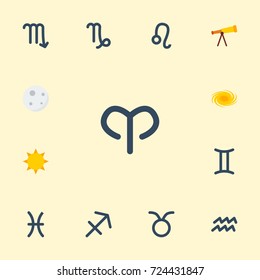 Flat Icons Optics, Lion, Space And Other Vector Elements. Set Of  Flat Icons Symbols Also Includes Pisces, Sunshine, Satellite Objects.