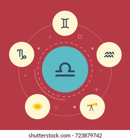 Flat Icons Optics, Space, Goat And Other Vector Elements. Set Of Astrology Flat Icons Symbols Also Includes Libra, Goat, Capricorn Objects.