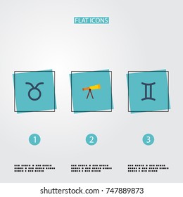 Flat Icons Optics, Twins, Bull And Other Vector Elements. Set Of Astronomy Flat Icons Symbols Also Includes Telescope, Taurus, Optics Objects.