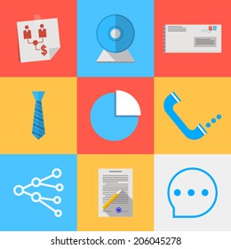 Flat icons for outsource communication. Set of colored vector square flat icons with outsource communication symbols.