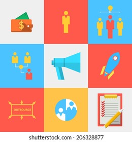 Flat icons for outsource team. Set of vector colored square flat icons with outsource team symbols.