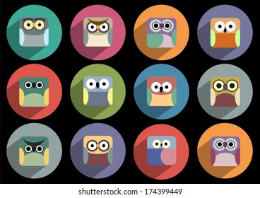  Flat icons of owls with long shadow effect. Vector set
