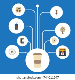 Flat Icons Package Latte, Espresso Dispenser, Cappuccino And Other Vector Elements. Set Of Drink Flat Icons Symbols Also Includes Latte, Coffee, Coffeemaker Objects.