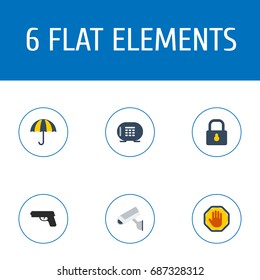 Flat Icons Padlock, Camera, Gun And Other Vector Elements. Set Of Security Flat Icons Symbols Also Includes Vault, Security, Gun Objects.