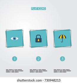 Flat Icons Padlock, Parasol, Vision And Other Vector Elements. Set Of Safety Flat Icons Symbols Also Includes Padlock, Vision, Eye Objects.