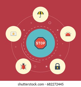 Flat Icons Padlock, Siren, Lock And Other Vector Elements. Set Of Security Flat Icons Symbols Also Includes Virus, Sunny, Parasol Objects.