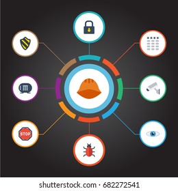 Flat Icons Padlock, Vision, Keypad And Other Vector Elements. Set Of Safety Flat Icons Symbols Also Includes Stop, Gloves, Road Objects.