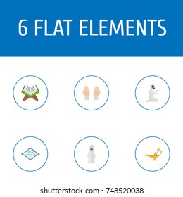 Flat Icons Palm, Arabic Calligraphy, Genie And Other Vector Elements. Set Of Holiday Flat Icons Symbols Also Includes Eid, Prayer, Namaz Objects.