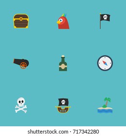 Flat Icons Palm, Cranium, Bottle And Other Vector Elements. Set Of Corsair Flat Icons Symbols Also Includes Chest, Skeleton, Compass Objects.