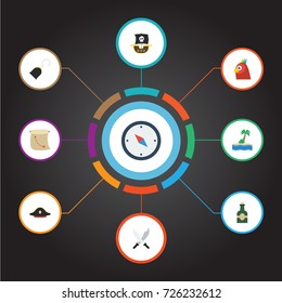 Flat Icons Palm, Macaw, Pirate And Other Vector Elements. Set Of Piracy Flat Icons Symbols Also Includes Compass, Seascape, Ship Objects.