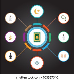 Flat Icons Palm, Muslim Woman, Praying Man And Other Vector Elements. Set Of Religion Flat Icons Symbols Also Includes Mubarak, Moon, Bead Objects.