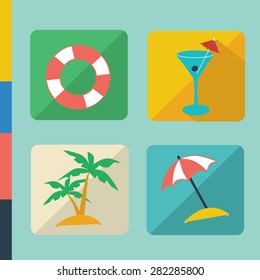 Flat Icons With Palm Trees, A Lifeline, Cocktail, Parasol