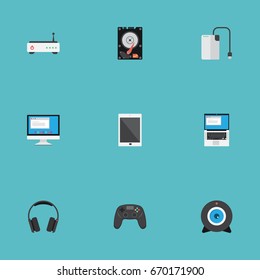 Flat Icons Palmtop, Hard Disk, Display And Other Vector Elements. Set Of Computer Flat Icons Symbols Also Includes Camera, PC, Wifi Objects.