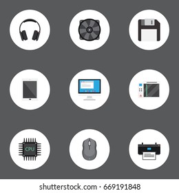 Flat Icons Palmtop, Microprocessor, Slot Machine And Other Vector Elements. Set Of Computer Flat Icons Symbols Also Includes Diskette, Disk, Printer Objects.