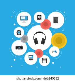 Flat Icons Palmtop, Printer, Diskette And Other Vector Elements. Set Of Laptop Flat Icons Symbols Also Includes Hdd, Screen, Laptop Objects.