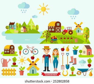 Flat icons and panoramic rural landscape with gardening concept. Garden set icons and landscape with a garden, various plants, trees, mill, barn,tractor in flat style 