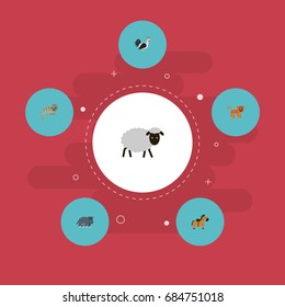Flat Icons Panther, Rooster, Kitty And Other Vector Elements. Set Of Alive Symbols Also Includes Hippo, Puma, Rooster Objects.