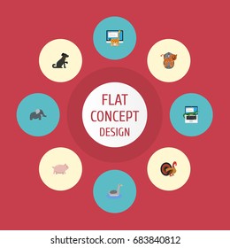 Flat Icons Panther, Waterbird, Reptile And Other Vector Elements. Set Of Zoo Flat Icons Symbols Also Includes Goose, Pooch, Camelopard Objects.