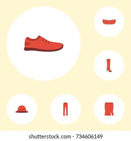 Flat Icons Pants, Gumshoes, Apparel And Other Vector Elements. Set Of Clothes Flat Icons Symbols Also Includes Fashionable, Headgear, Woman Objects.