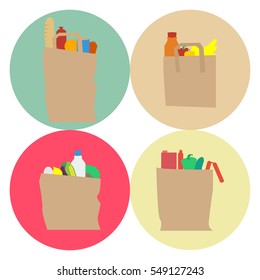 Flat icons paper bag with food products, supermarket