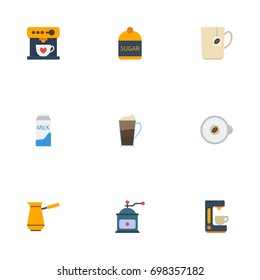 Flat Icons Paper Box, Espresso Dispenser, Latte And Other Vector Elements. Set Of Coffee Flat Icons Symbols Also Includes Coffeemaker, Cup, Dispenser Objects.