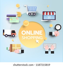 Flat icons paper design set for online shopping steps infographic. Flat vector illustration.
