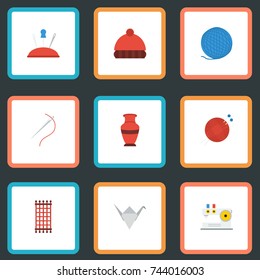 Flat Icons Paper Figure, Beanie, Skein And Other Vector Elements. Set Of Handcraft Flat Icons Symbols Also Includes Needlework, Yarn, Macrame Objects.