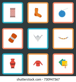 Flat Icons Paper Figure, Jewelry, Knitting And Other Vector Elements. Set Of Handmade Flat Icons Symbols Also Includes Needlework, Clay, Wool Objects.