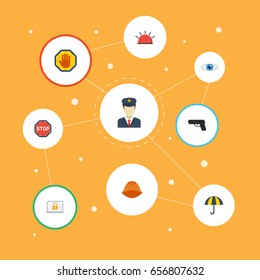 Flat Icons Parasol, Forbidden, Road Sign And Other Vector Elements. Set Of Procuring Flat Icons Symbols Also Includes Look, Siren, Umbrella Objects.