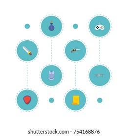 Flat Icons Parchment, Bulletproof, Handgun Vector Elements. Set Of  Flat Icons Symbols Also Includes Armor, Mana, Flask Objects.