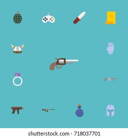 Flat Icons Parchment, Flask, Viking Helmet And Other Vector Elements. Set Of Game Flat Icons Symbols Also Includes Game, Handgun, Submachine Objects.