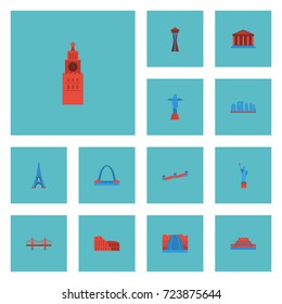 Flat Icons Paris, China, Bridge And Other Vector Elements. Set Of Monument Flat Icons Symbols Also Includes Wall, Liberty, Statue Objects.